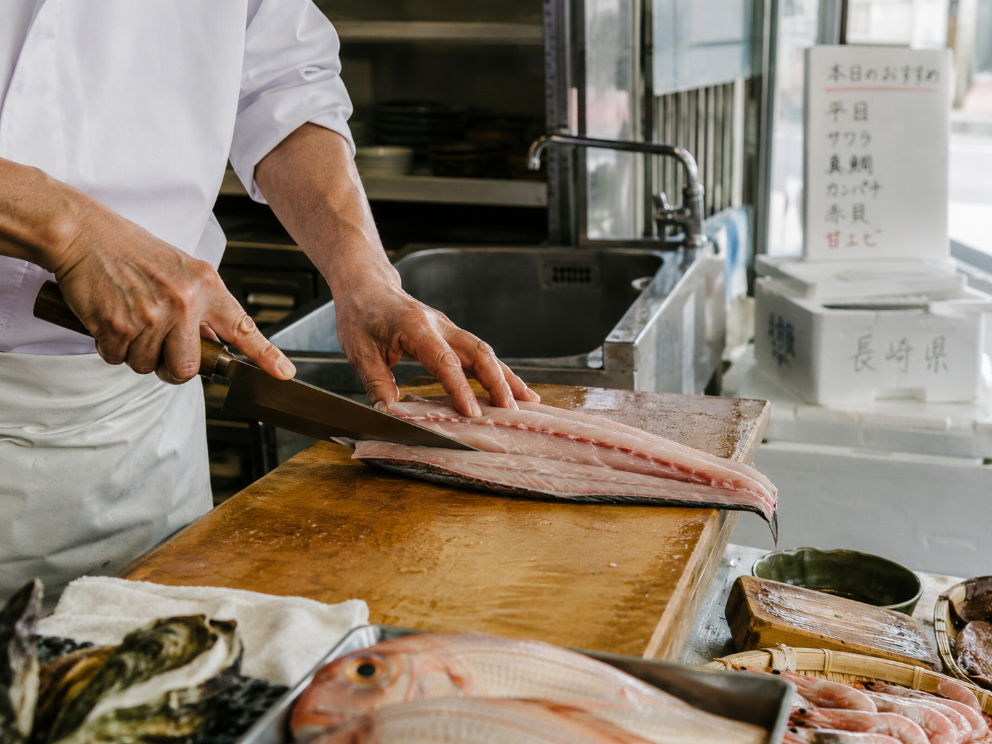厨房で魚を捌く店主の手元